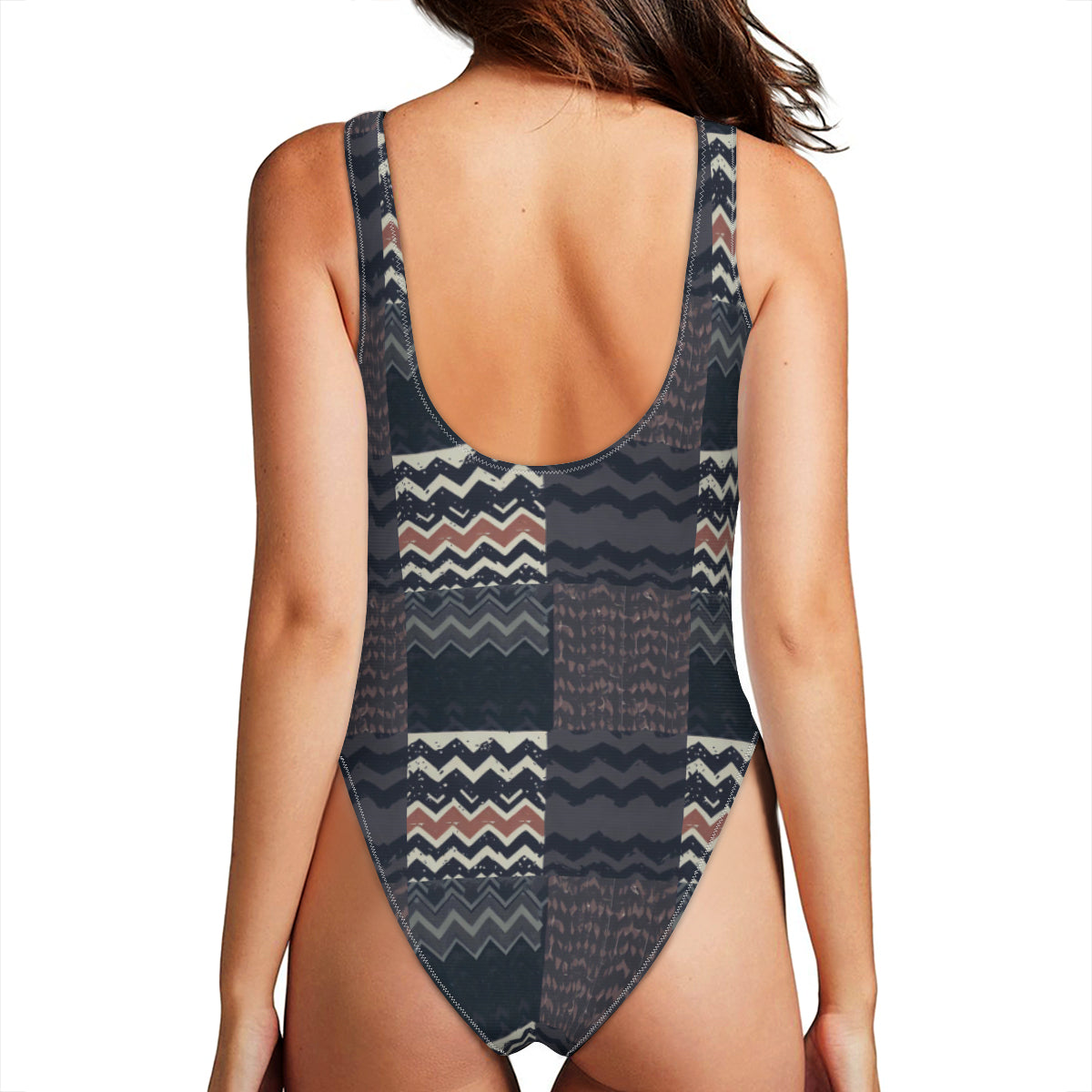 Vampire Art Grunge Patchwork High Leg One-Piece Swimsuit - Herringbone and Chains