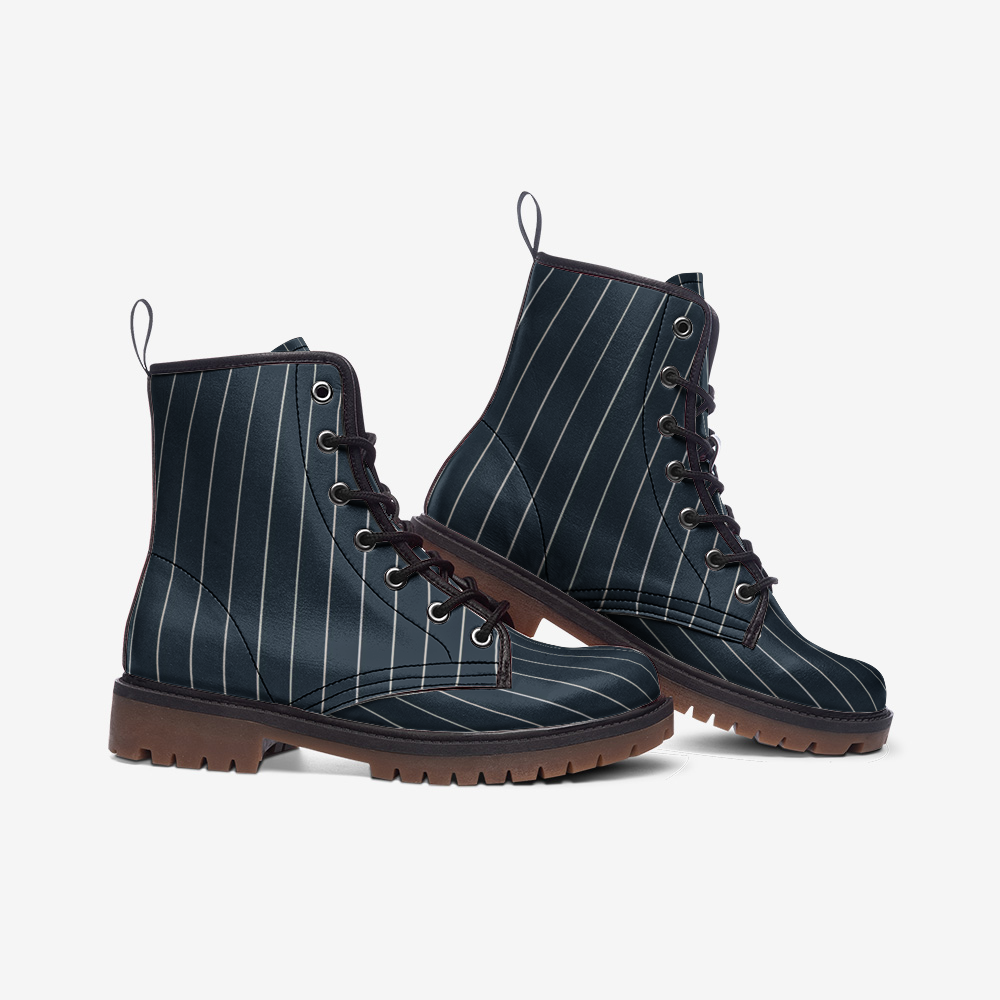 Vampire Art Dark Academia Grunge Victorian Charcoal Blue Vintage Pinstripe Vegan Leather Unisex Combat Boots - US sizes