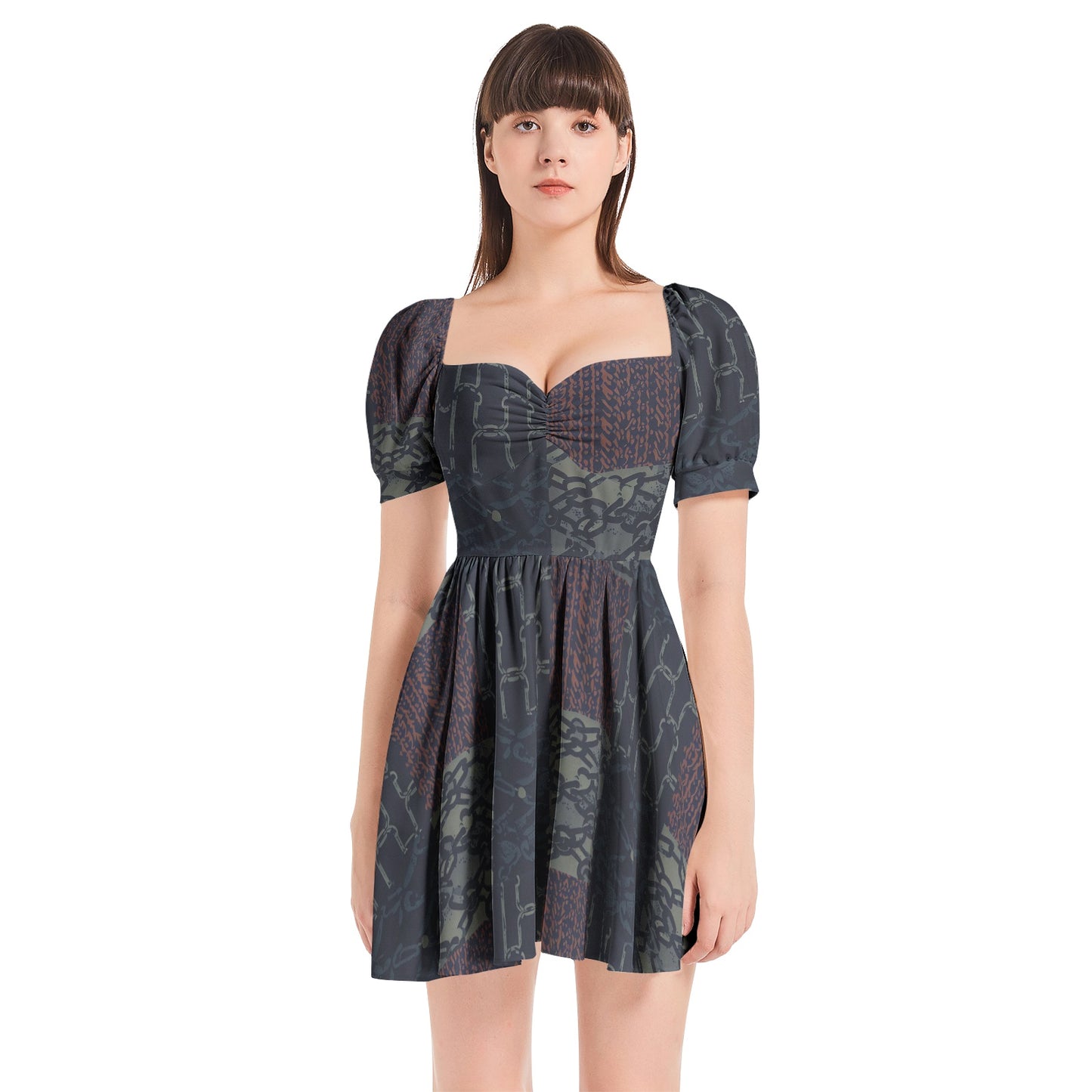 Vampire Art Grunge Patchwork Puff Sleeve Sweetheart Neck Short Dress - Rusty Chains