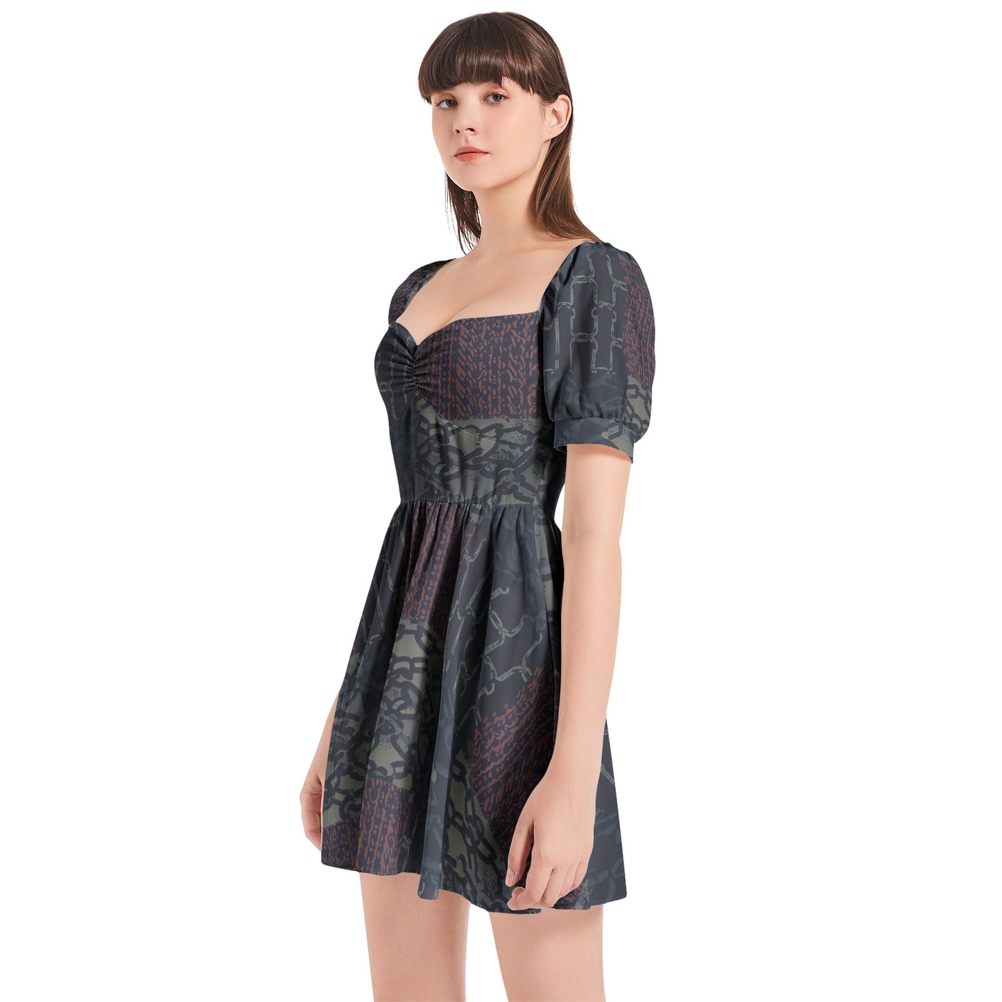 Vampire Art Grunge Patchwork Puff Sleeve Sweetheart Neck Short Dress - Rusty Chains