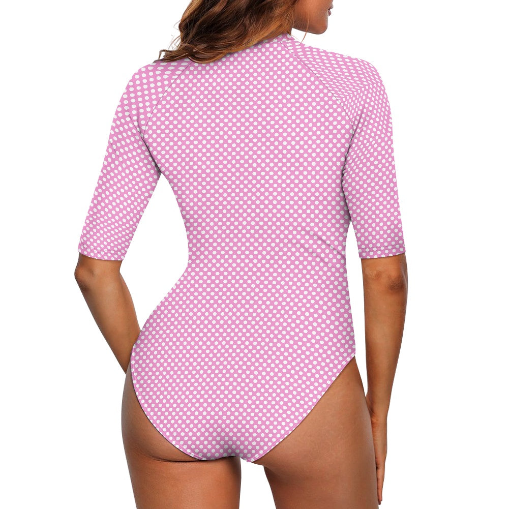 Vampire Art Half-sleeve Zipper Swimsuit - Pink Cottagecore Polka Dot