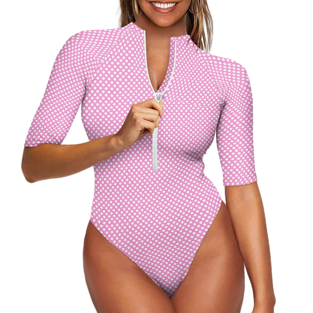 Vampire Art Half-sleeve Zipper Swimsuit - Pink Cottagecore Polka Dot