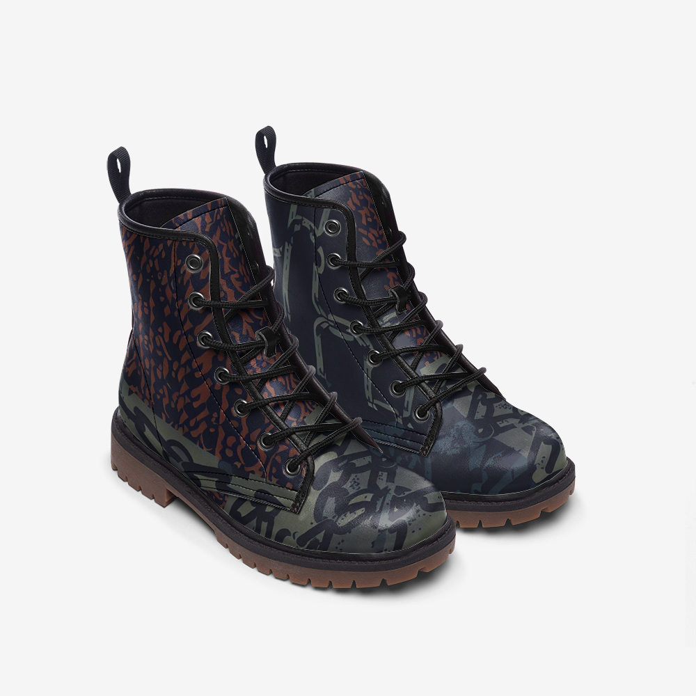 Vampire Art Grunge Patchwork Faux Leather Lightweight Combat Boots - Rusty Chains - US sizes