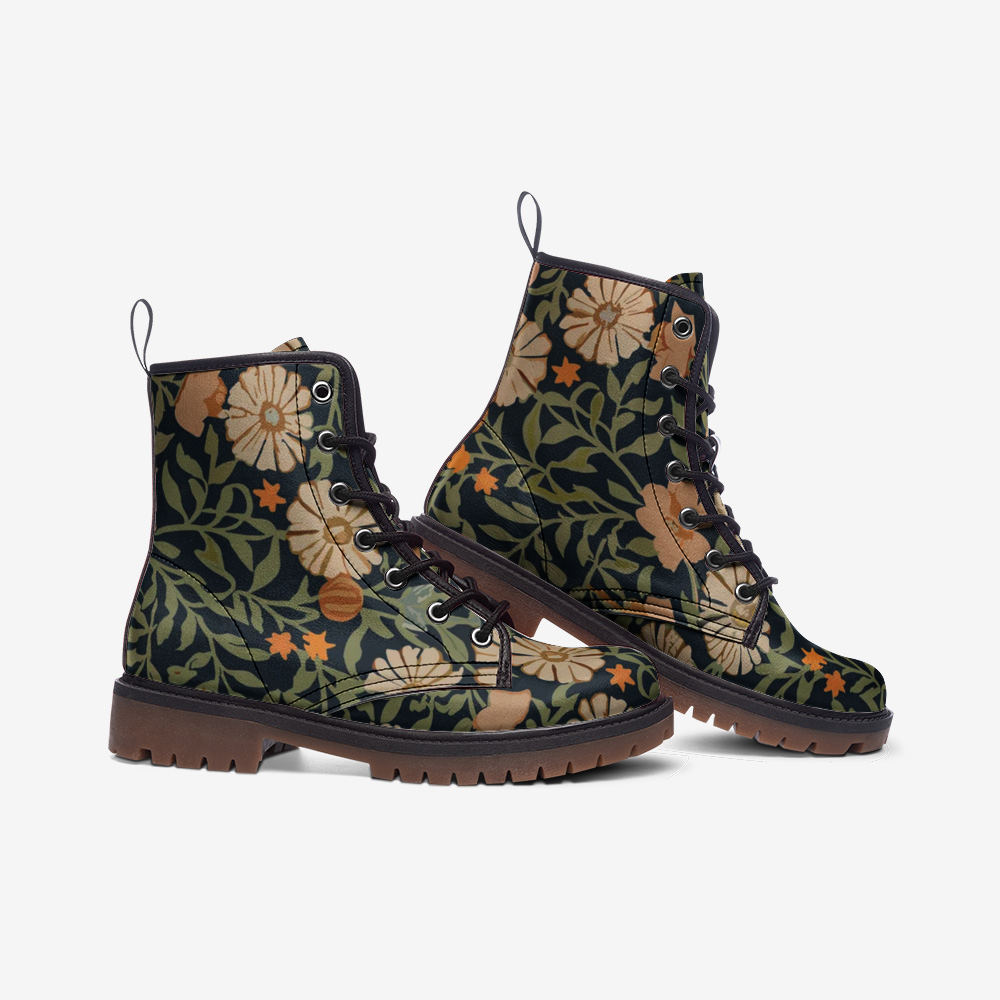 Vampire Art Retro Art Nouveau Floral Casual Faux Leather Lightweight Boots - Navy and Beige Floral / US sizes