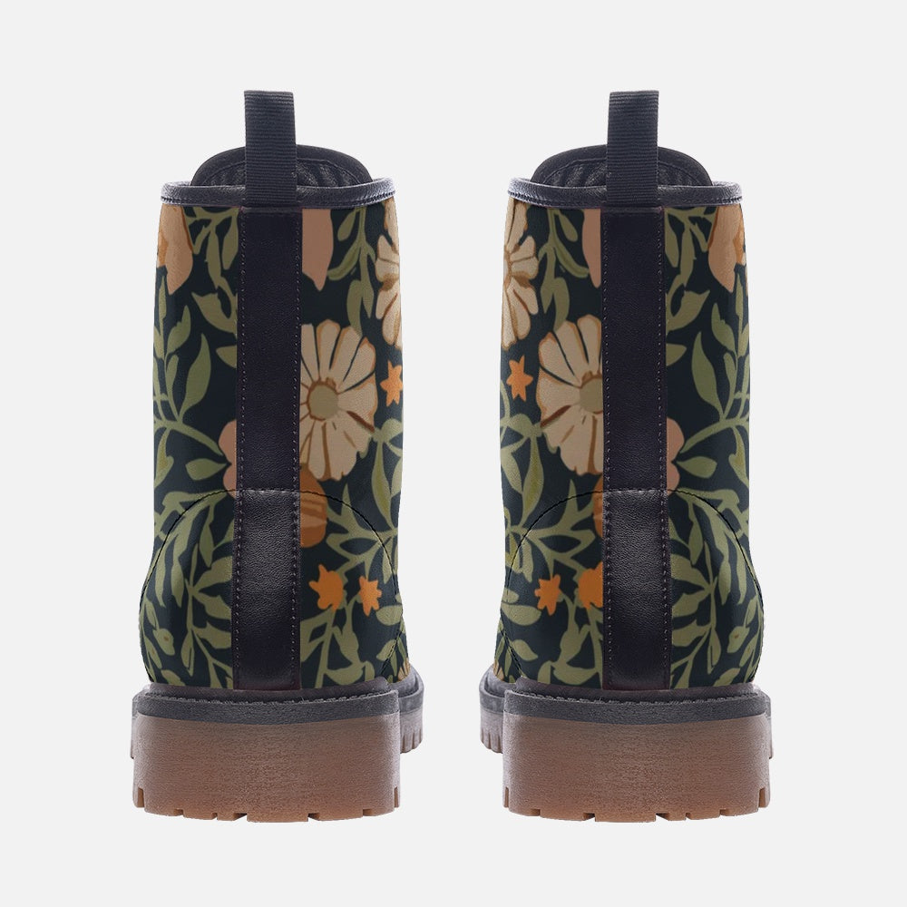 Vampire Art Retro Art Nouveau Floral Casual Faux Leather Lightweight Boots - Navy and Beige Floral / US sizes