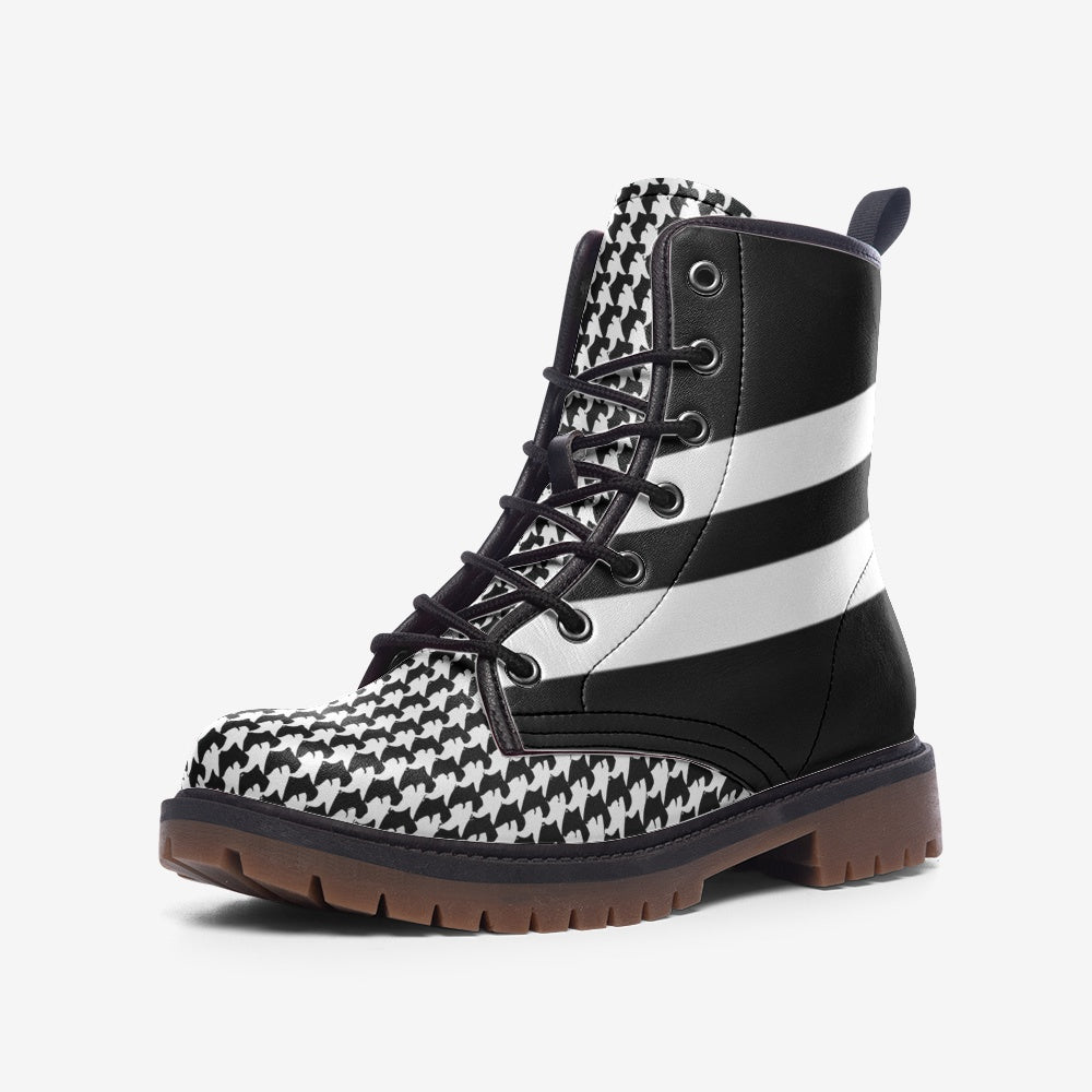 Vampire Art Casual Faux Leather Lightweight Boots - Black and White Houndstooth Racer Biker Boots
