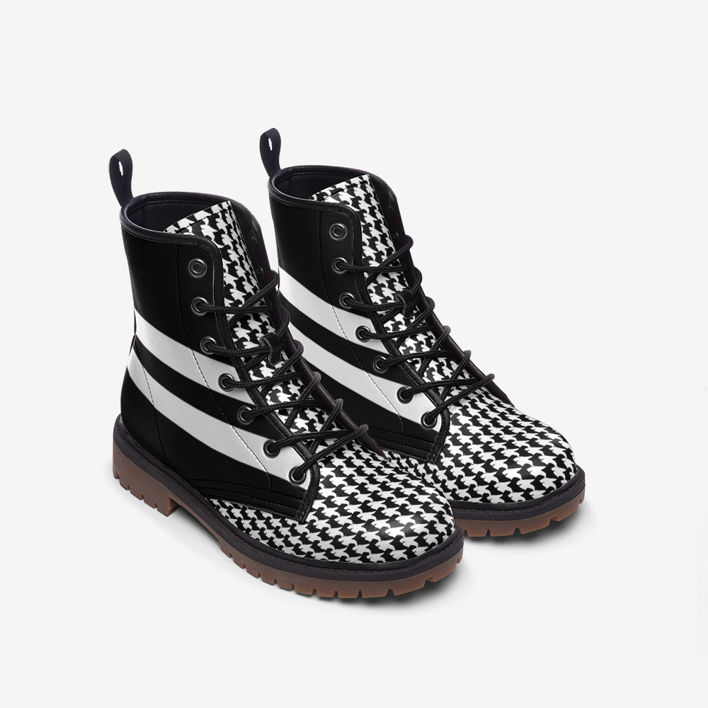 Vampire Art Casual Faux Leather Lightweight Boots - Black and White Houndstooth Racer Biker Boots