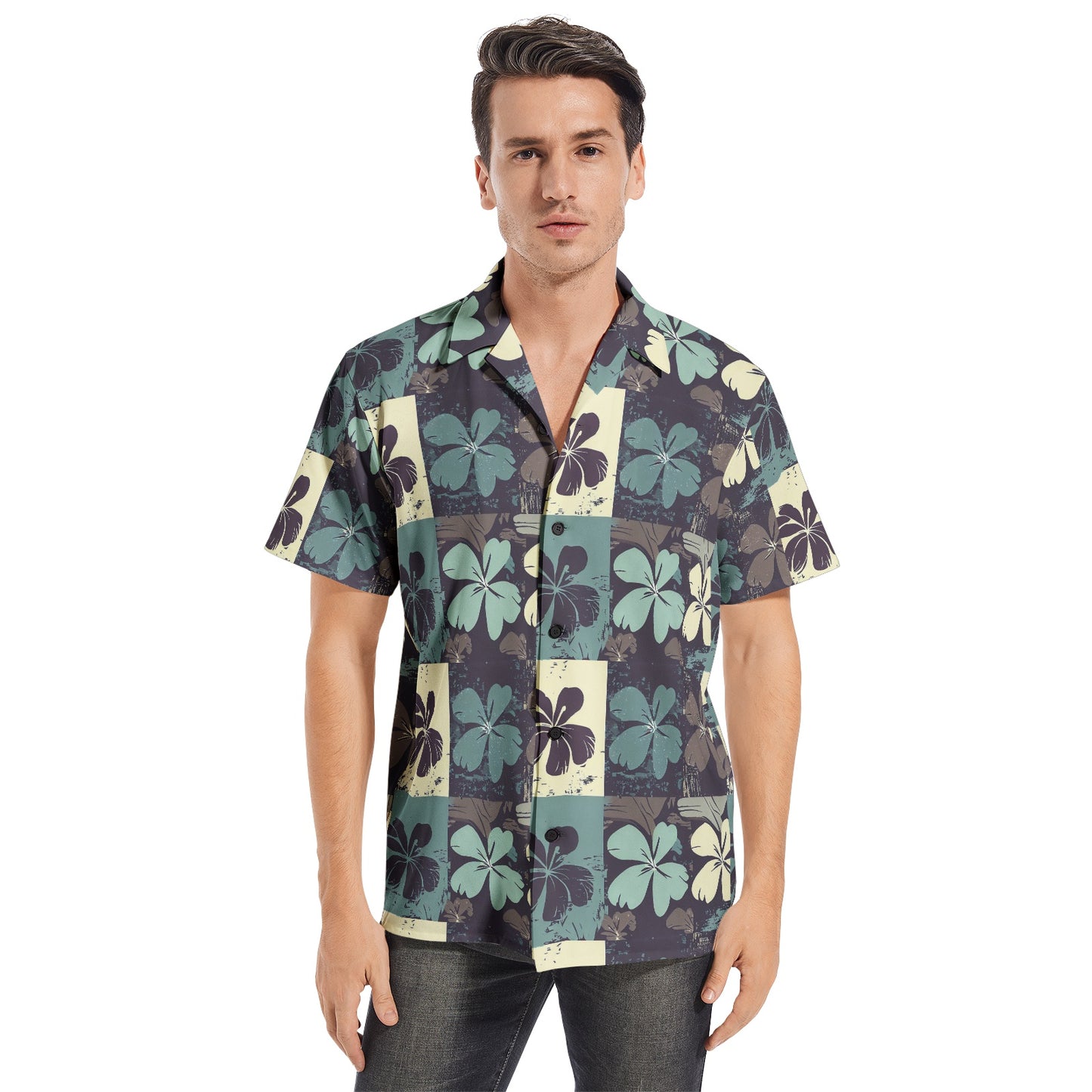 Vampire Art Retro Surf Patchwork Men's Short Sleeve 100% Premium Cotton Shirt - Brown Flower