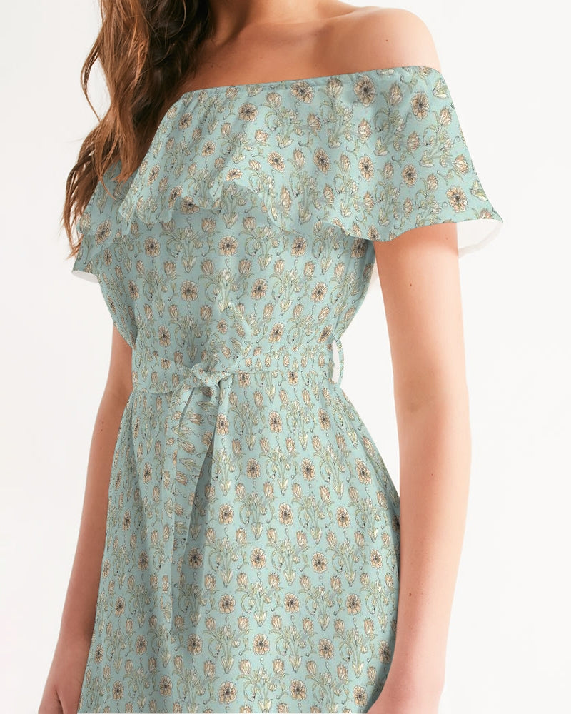 Vampire Art Women's Retro Floral Off-Shoulder Dress - Retro Victorian Flowers in Aqua Green