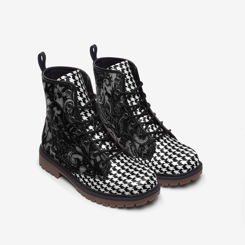 Vampire Art Classic Goth Grunge Black Victorian Lace Houndstooth Casual Faux Leather Lightweight Boots - US sizes