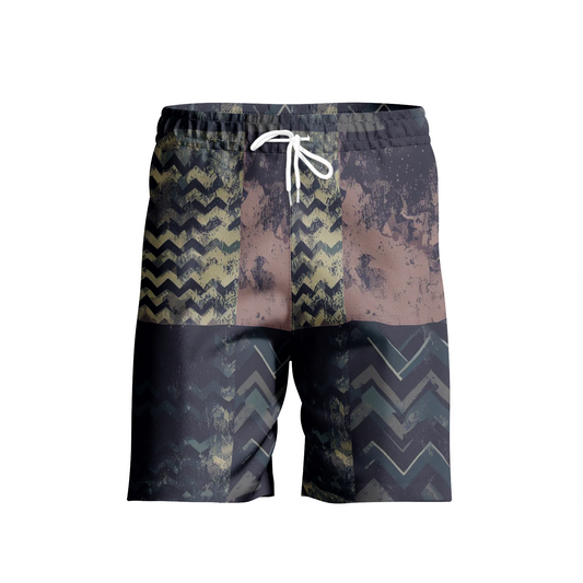 Vampire Art Grunge Patchwork Men's Beach Shorts - Herringbone in Green and Brown