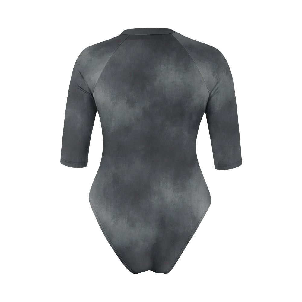 Vampire Art Half-sleeve Zipper Swimsuit - Grunge Distressed Grey