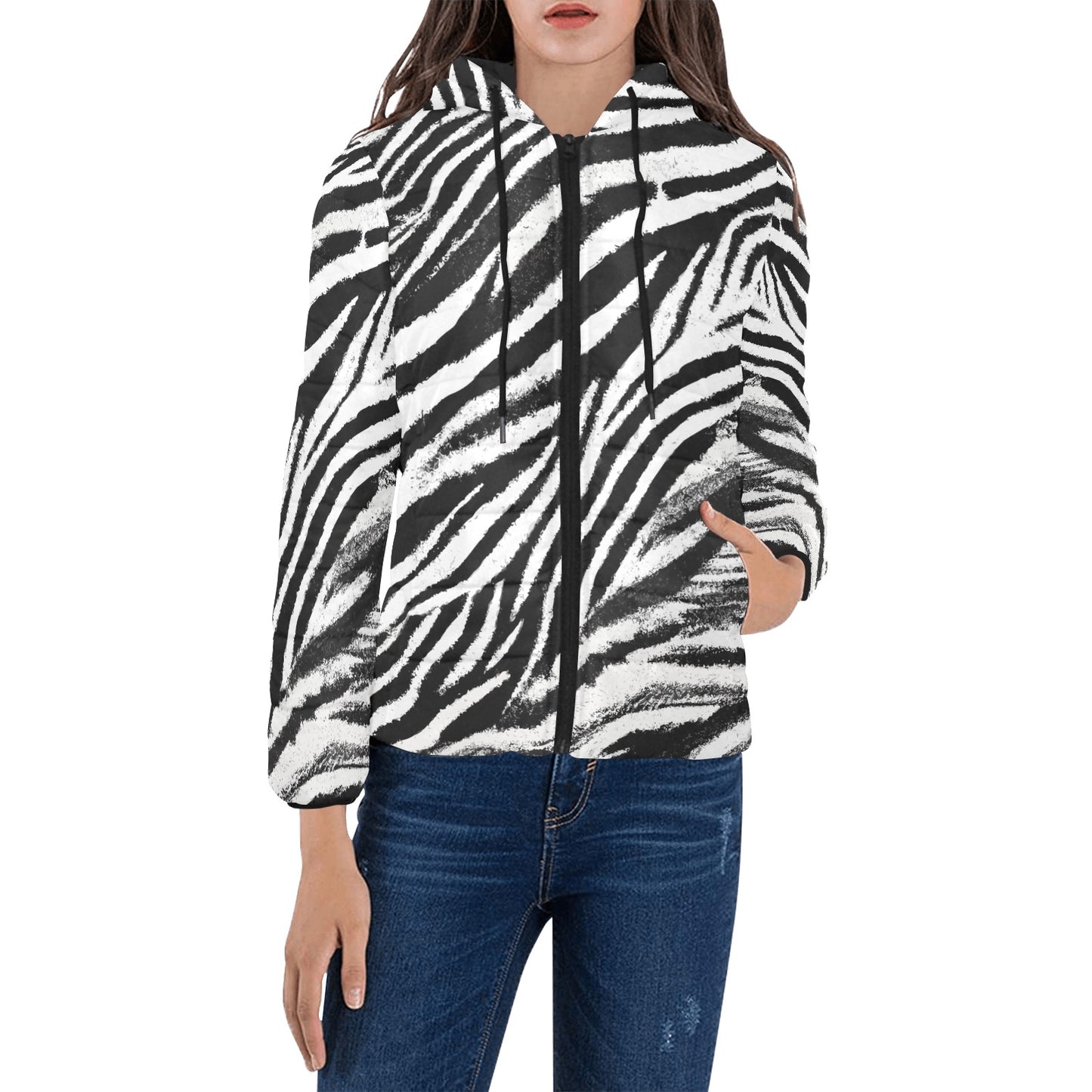 Vampire Art Grunge Animal Patterned Women's Padded Hooded Jacket - Grunge Black and White Zebra