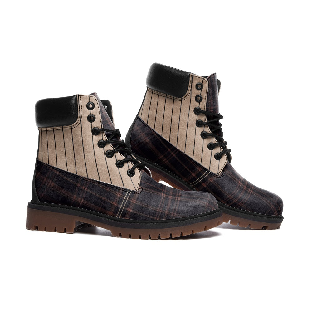 Vampire Art Dark Academia Victorian Brown Tartan Striped Unisex Faux Leather Lightweight boots TB