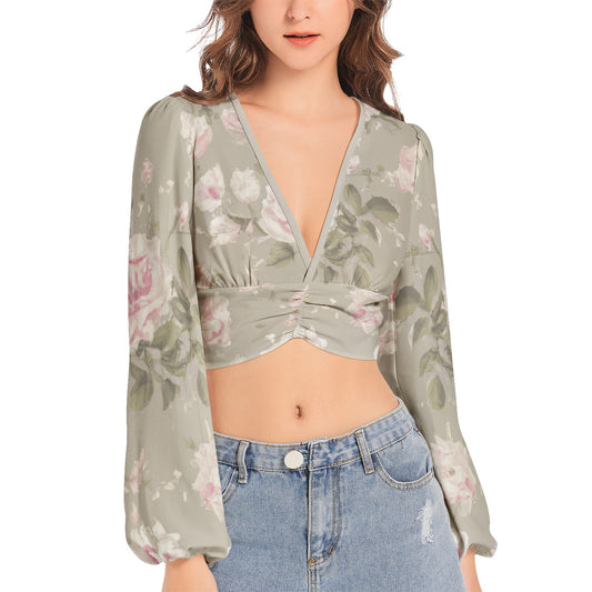 Vampire Art Retro Beige Rose Patterned Women's Deep V-Neck Lantern Sleeve Crop Top