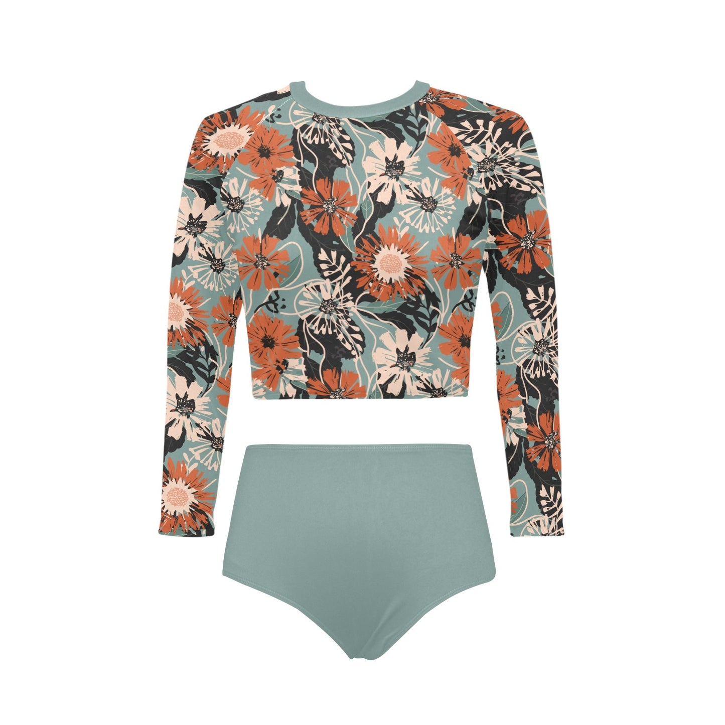 Vampire Art Women's Long Sleeve Bikini Set - Grunge Surfy Flowers in Grey