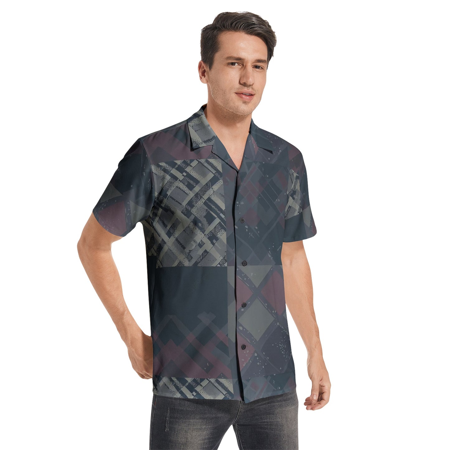 Vampire Art Grunge Patchwork Men's Short Sleeve 100% Premium Cotton Shirt - Grey Plaid