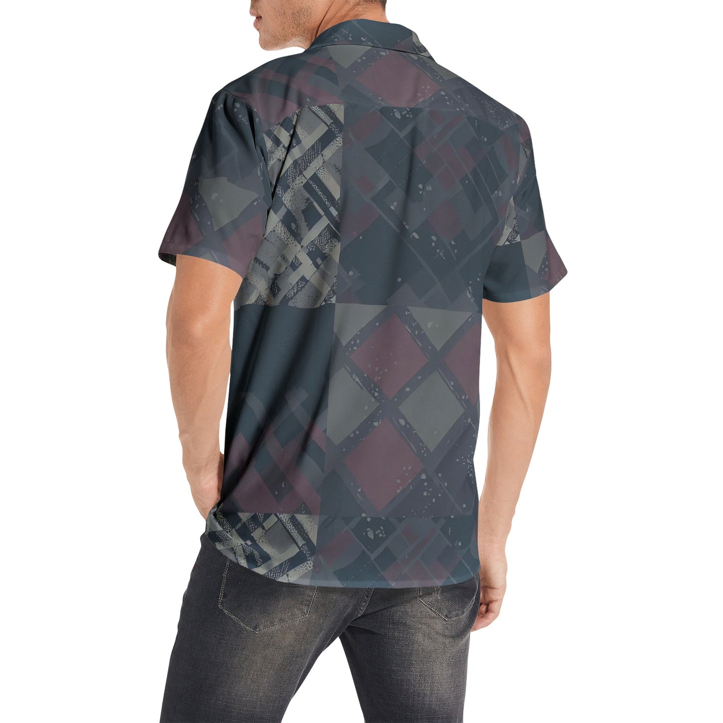 Vampire Art Grunge Patchwork Men's Short Sleeve 100% Premium Cotton Shirt - Grey Plaid