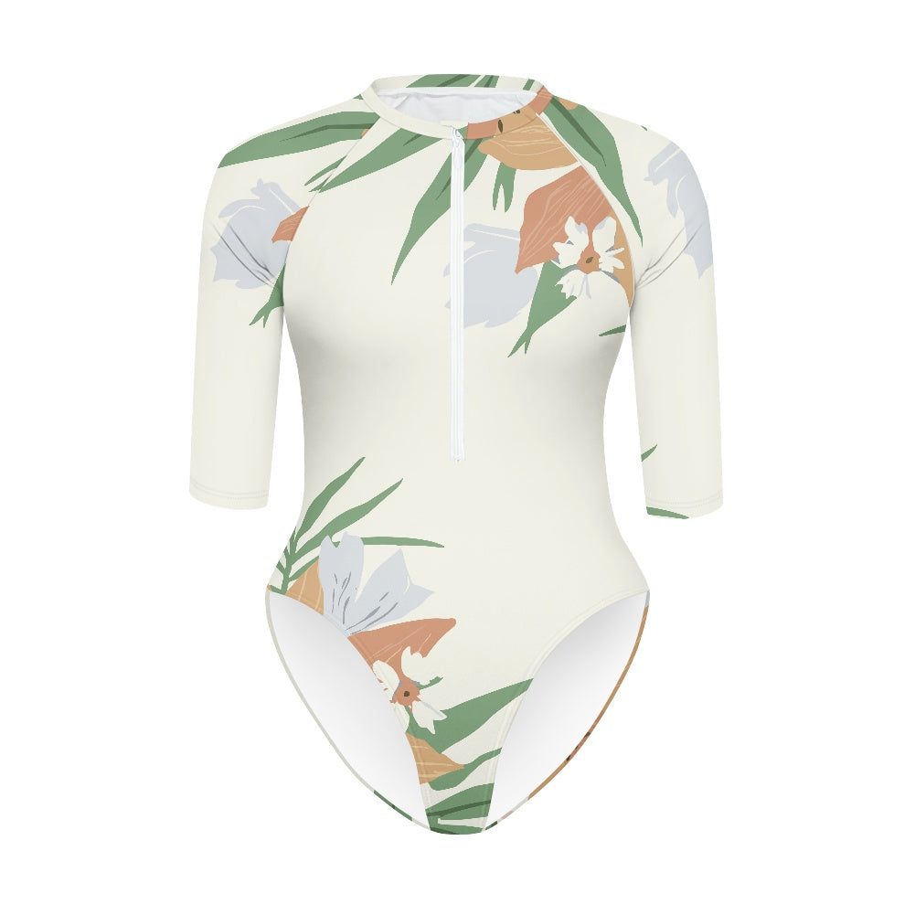 Vampire Art Half-sleeve Zipper Swimsuit - Exotic in Cream