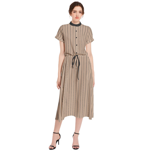 Vampire Art Retro French-style A-line Drawstring Flared Casual Midi Dress - Victorian Pinstripe