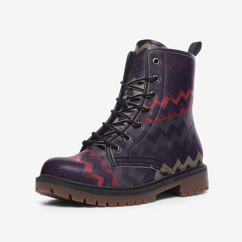 Vampire Art Grunge Patchwork Faux Leather Lightweight Combat Boots - Herringbone with Red - US sizes