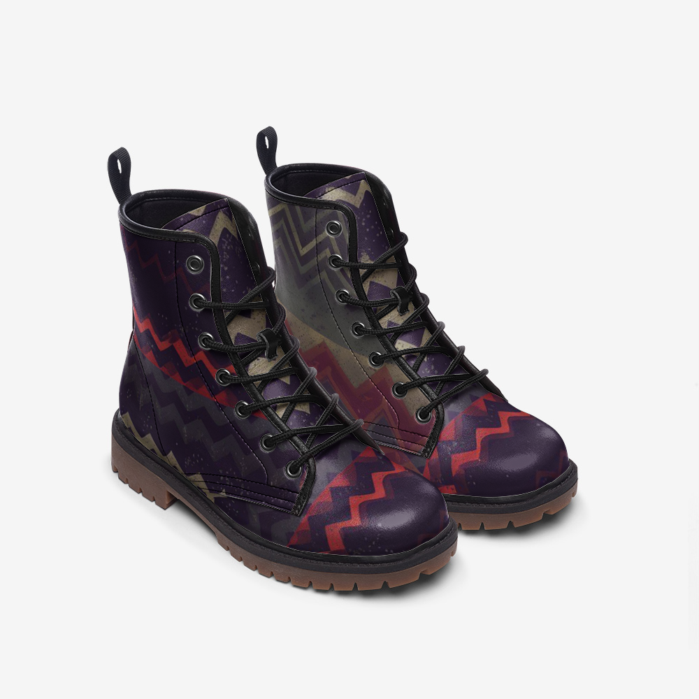 Vampire Art Grunge Patchwork Faux Leather Lightweight Combat Boots - Herringbone with Red - US sizes