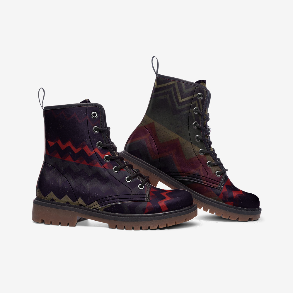 Vampire Art Grunge Patchwork Faux Leather Lightweight Combat Boots - Herringbone with Red - US sizes