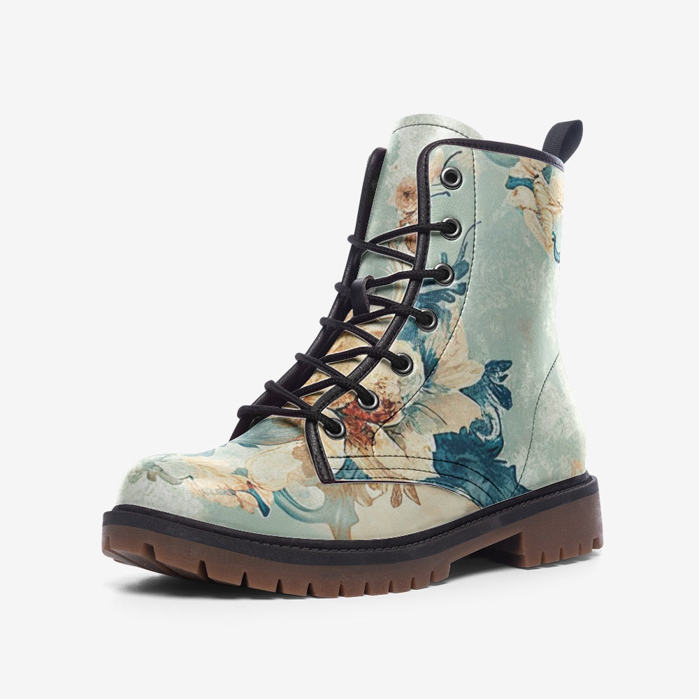 Vampire Art Vintage Grunge Pale Blue Floral Casual Faux Leather Lightweight Boots