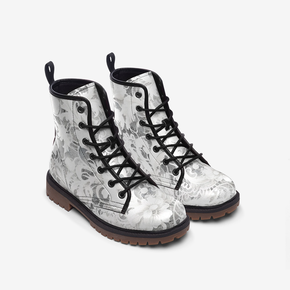 Vampire Art Victorian White Floral Lace Faux Leather Unisex Lightweight Combat Boots - US sizes