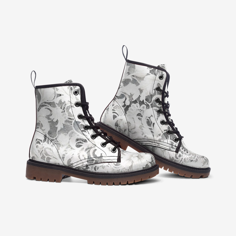 Vampire Art Victorian White Floral Lace Faux Leather Unisex Lightweight Combat Boots - US sizes