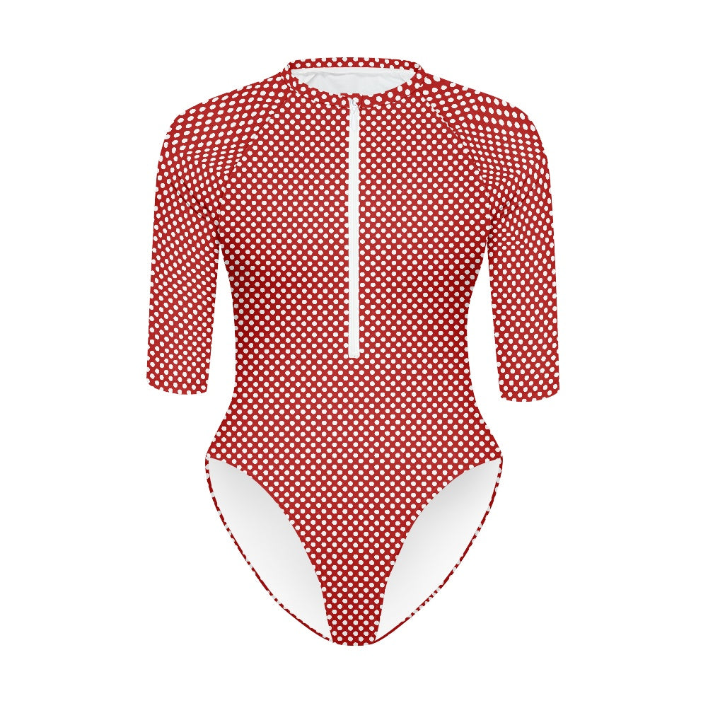 Vampire Art Half-sleeve Zipper Swimsuit - Red Cottagecore Polka Dot