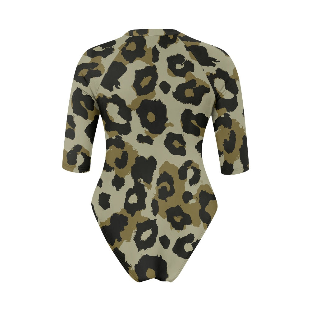 Vampire Art Half-sleeve Zipper Swimsuit - Grunge Khaki Leopard