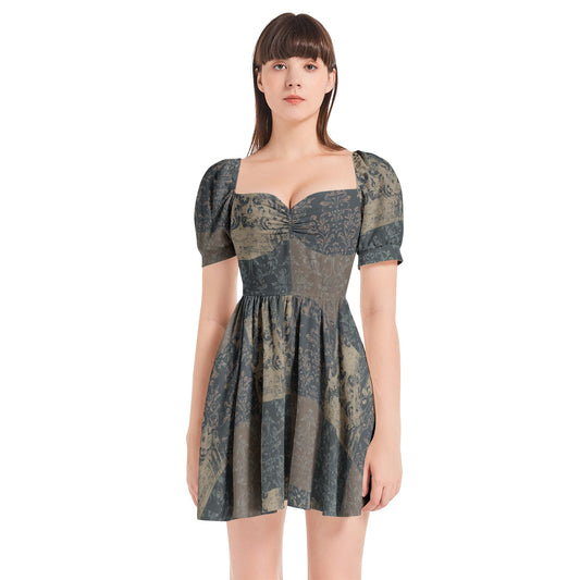 Vampire Art Grunge Patchwork Puff Sleeve Sweetheart Neck Short Dress - Seattle Brown