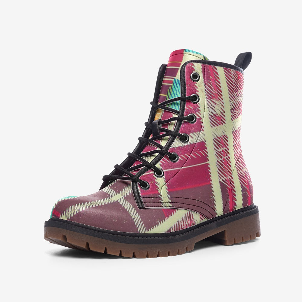 Vampire Art Grunge Patchwork Faux Leather Lightweight Combat Boots - Colourful Tartan - US sizes