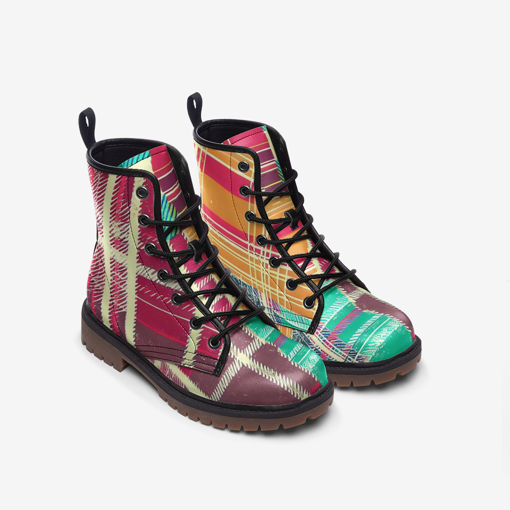 Vampire Art Grunge Patchwork Faux Leather Lightweight Combat Boots - Colourful Tartan - US sizes