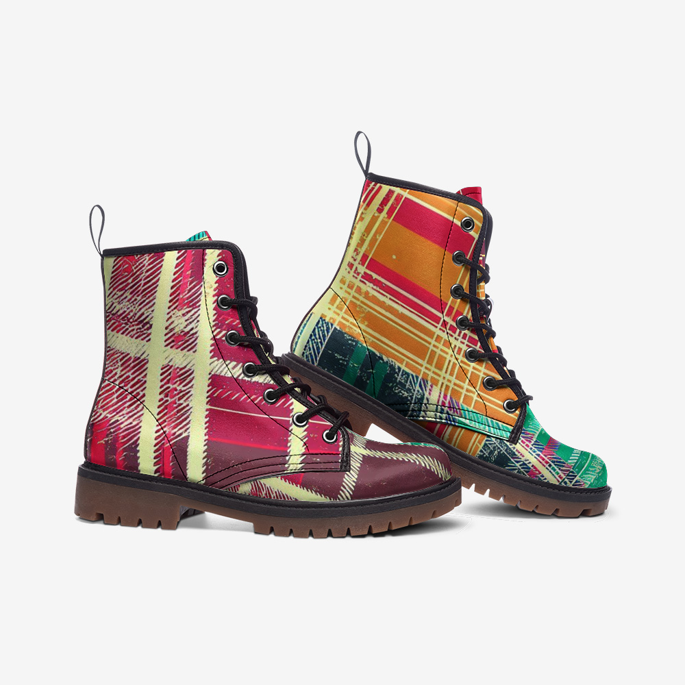 Vampire Art Grunge Patchwork Faux Leather Lightweight Combat Boots - Colourful Tartan - US sizes