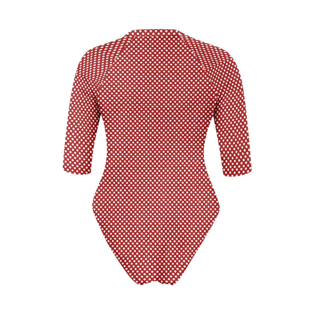 Vampire Art Half-sleeve Zipper Swimsuit - Red Cottagecore Polka Dot