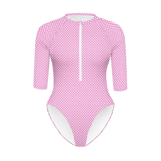 Vampire Art Half-sleeve Zipper Swimsuit - Pink Cottagecore Polka Dot